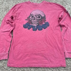 Stussy Mens Long Sleeve Skull Roses Graphic T-Shirt Pink Pigment Dye Medium